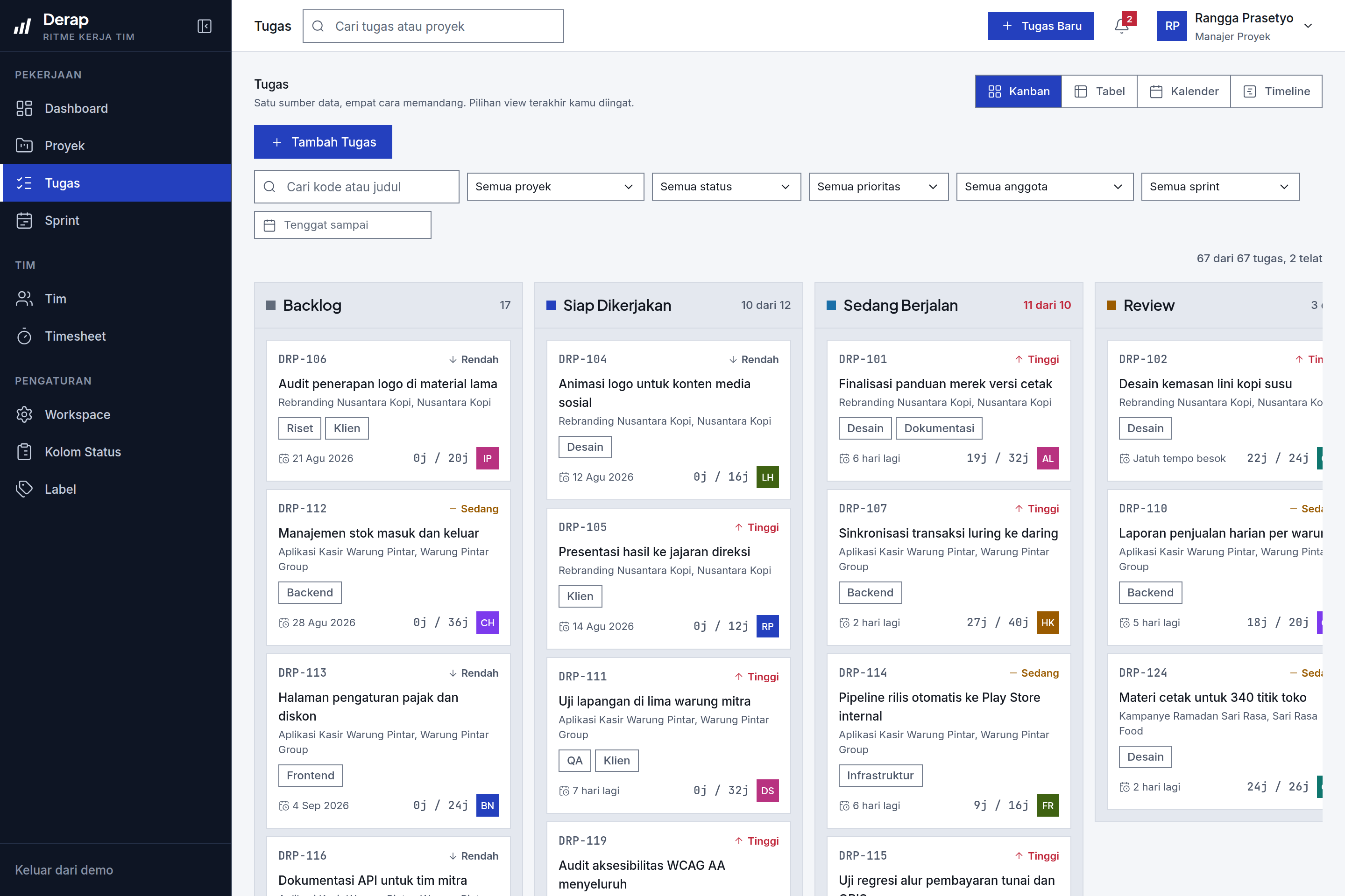 Papan Kanban Derap dengan tugas dikelompokkan per status